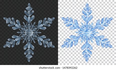 Two big complex transparent Christmas snowflakes in blue colors for use on dark and light background. Transparency only in vector format