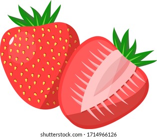 Two big delicious red strawberries with bright green leaves