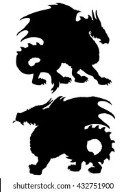 Two big dragon black silhouette on white background. Sketch of tattoo art, Fantasy medieval monster.