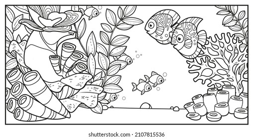 Two big fishes on the background of the seabed with stones, corals, anemones, starfish and algae linear drawing for coloring on a white background 