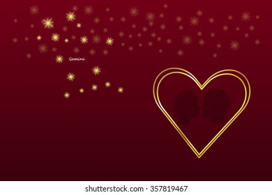 Two big golden frame hearts with silhouette of woman and man inside are on the right side of the vector. Many transparent stars are above them. Gemini constellation shining brightly in the sky.