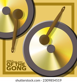 Two big gongs with batons and bold text on light brown background to commemorate National Day of the Gong on June 21