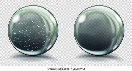Two big gray glass spheres with air bubbles and without, and with glares and shadows. Transparency only in vector file