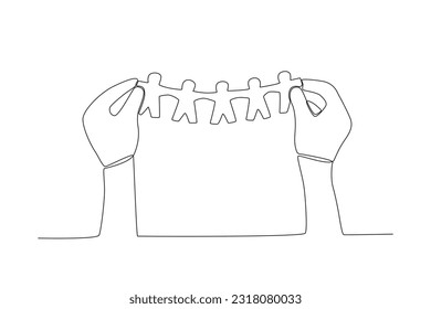 Two big hands hold the human population. World population day one-line drawing