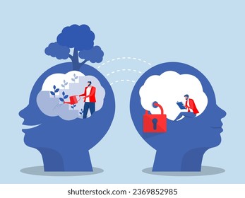 Two Big head humans think growth mindset different fixed mindset concept vector illustrator