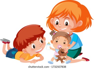 Two big kids taking care of baby on white background illustration