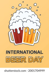Dos grandes tazas llenas de cerveza para celebrar el día internacional de la cerveza. Concepto de celebrar la presencia de cerveza en nuestra vida. Ilustración vectorial de dibujos animados planos