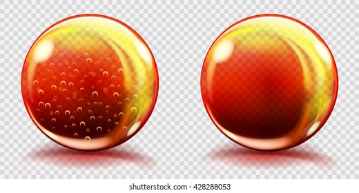 Two big orange glass spheres with air bubbles and without, and with glares and shadows. Transparency only in vector file