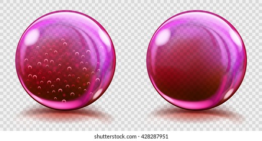 Two big pink glass spheres with air bubbles and without, and with glares and shadows. Transparency only in vector file