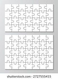 Dois grandes quebra-cabeças. Esquema de jogo pensante de quebra-cabeça com 28 e 35 detalhes separados. Grade de peças de silhueta de mosaico. Cortando modelo. Blocos de quadros simples. Ilustração vetorial