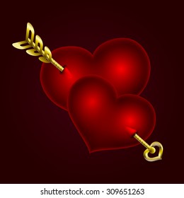 Two big red and chubby hearts with one golden arrow.