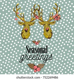 Two big reindeers heads with christmas decoration on their antlers. Seasonal greeting with red mistletoe. Vector illustration on green background with snowflakes.