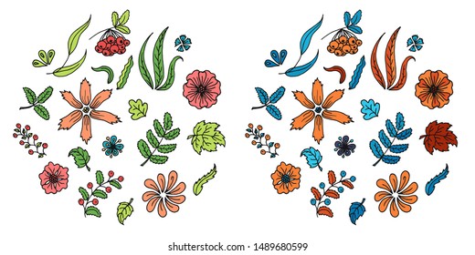 Two big sets of flowers, berries and leaves in doodle style. Realistic and non realistic colored isolated nature elements. Decorative cartoon vector illustration