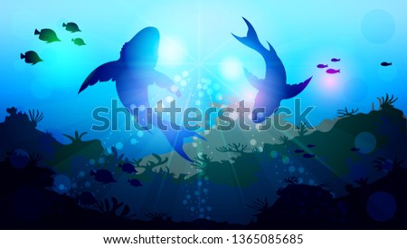 Two big sharks are circling under the water among the corals, in the sunlight. Light effects at the bottom of the sea. Beautiful realistic vector illustration of the underwater world.