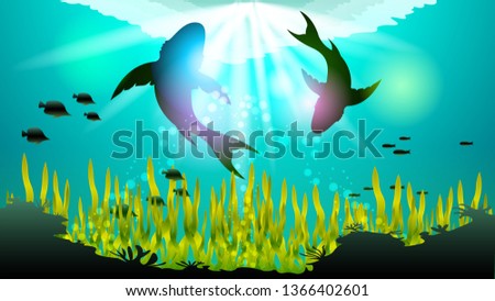 Two big sharks are circling under the water among the corals and algae, in the sunlight. Light effects at the bottom of the sea. Beautiful realistic vector illustration of the underwater world.
