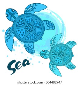 Two big and small hand drawn turtles on watercolor style ink splash. Sea lettering.