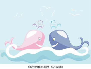 Two big whales, swimming in the dark blue sea