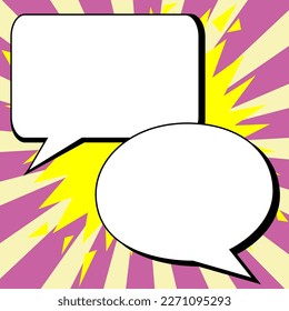 Two big white empty speech bubbles for text. Square and oval dialog boxes on bright colored background. Comic funny style cartoon. Vector illustration.