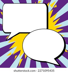 Two big white empty speech bubbles for text. Square and oval dialog boxes on bright colored background. Comic funny style cartoon. Vector illustration.