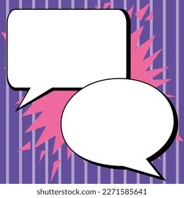 Two big white empty speech bubbles for text. Square and oval dialog boxes on bright colored background. Comic funny style cartoon. Vector illustration.