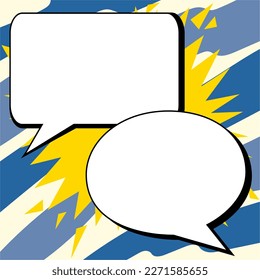 Two big white empty speech bubbles for text. Square and oval dialog boxes on bright colored background. Comic funny style cartoon. Vector illustration.