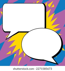 Two big white empty speech bubbles for text. Square and oval dialog boxes on bright colored background. Comic funny style cartoon. Vector illustration.