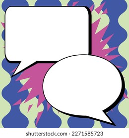 Two big white empty speech bubbles for text. Square and oval dialog boxes on bright colored background. Comic funny style cartoon. Vector illustration.
