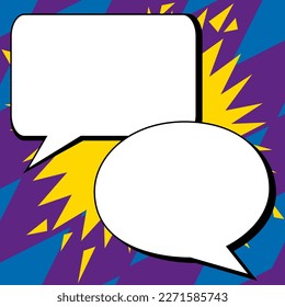Two big white empty speech bubbles for text. Square and oval dialog boxes on bright colored background. Comic funny style cartoon. Vector illustration.