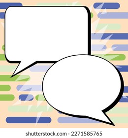 Two big white empty speech bubbles for text. Square and oval dialog boxes on bright colored background. Comic funny style cartoon. Vector illustration.
