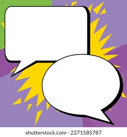 Two big white empty speech bubbles for text. Square and oval dialog boxes on bright colored background. Comic funny style cartoon. Vector illustration.