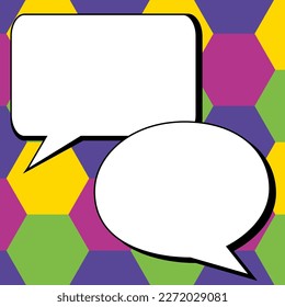 Two big white empty speech bubbles for text. Square and oval dialog boxes on bright colored background. Comic funny style cartoon. Vector illustration.