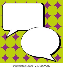 Two big white empty speech bubbles for text. Square and oval dialog boxes on bright colored background. Comic funny style cartoon. Vector illustration.