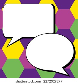 Two big white empty speech bubbles for text. Square and oval dialog boxes on bright colored background. Comic funny style cartoon. Vector illustration.