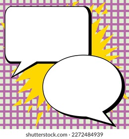 Two big white empty speech bubbles for text. Square and oval dialog boxes on bright colored background. Comic funny style cartoon. Vector illustration.