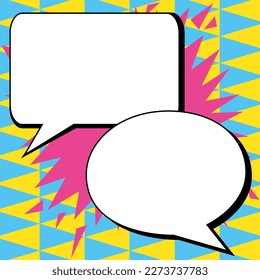 Two big white empty speech bubbles for text. Square and oval dialog boxes on bright colored background. Comic funny style cartoon. Vector illustration.