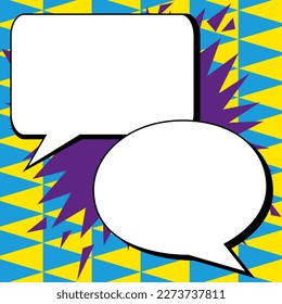 Two big white empty speech bubbles for text. Square and oval dialog boxes on bright colored background. Comic funny style cartoon. Vector illustration.