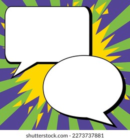 Two big white empty speech bubbles for text. Square and oval dialog boxes on bright colored background. Comic funny style cartoon. Vector illustration.