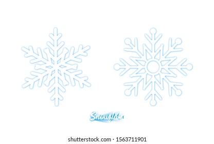 Two big white Snowflakes with blue shadow, isolated on white background. Snowflakes in modern simple flat design. Snowflakes Vector Illustration