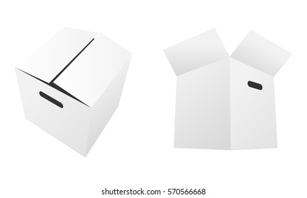 Two big white square cardboard boxes with lids isolated. Open box, closed box. Mockup box for design. Vector illustration.