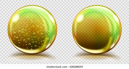 Two big yellow glass spheres with air bubbles and without, and with glares and shadows. Transparency only in vector file