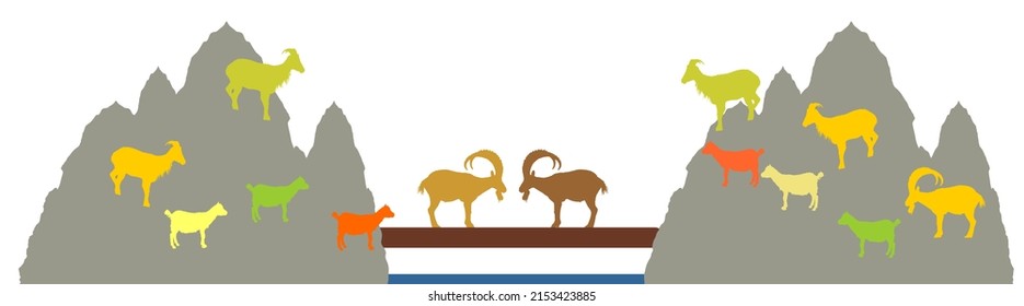 Two Bighorn Male Goats On Chump Fighting Vector Silhouette Illustration Isolated On White. Angry Stubborn Animal Battle. Alpha Goat Macho Conflict On Bridge. Natural Competition For Mating And Family.