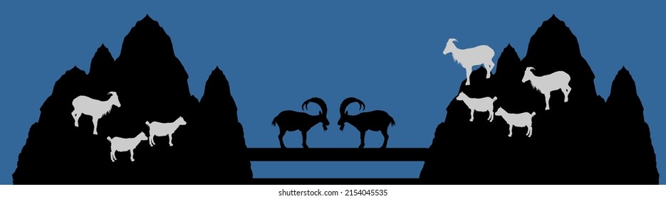 Two Bighorn Male Goats On Chump Fighting Vector Silhouette Illustration Isolated On Black. Angry Stubborn Animal Battle. Alpha Goat Macho Conflict On Bridge. Natural Competition For Mating And Family.