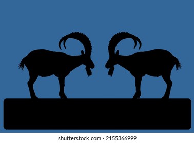 Two Bighorn Male Goats On Chump Fighting Vector Silhouette Illustration Isolated On Black. Angry Stubborn Animal Competition. Alpha Goat Macho Conflict Over Wooden Bridge. Natural Battle For Mating.