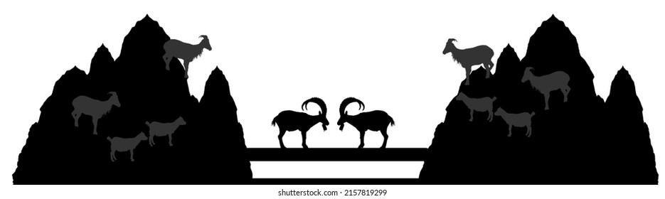 Two bighorn male goats on chump fighting vector silhouette illustration isolated on white. Angry stubborn animal battle. Alpha goat macho conflict on bridge. Natural competition for mating and family.