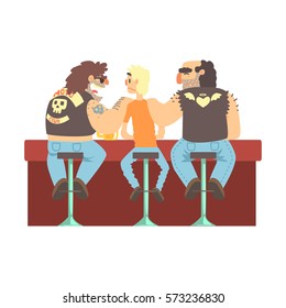 Two Biker Gang Members Scarying Skinny Bar Client, Beer Bar And Criminal Looking Muscly Men Having Good Time Illustration