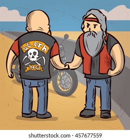 Two biker shake hands. Hand drawn cartoon vector illustration.