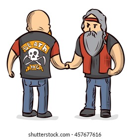 Two biker shake hands. Hand drawn cartoon vector illustration.