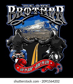 two bikers greeting each other agains the backdrop of the mountains, biker, rider, ride, t-shirt design, motorcycle club, patch, Motorradfahrer, motorrijder, motard