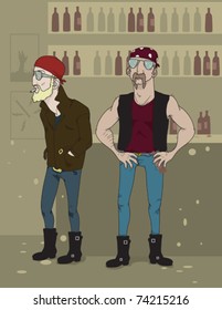 Two bikers hanging out at a bar.