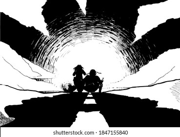 Two Bikers On A Motorcycle With A Side Car Driving Towards The Sunset